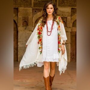 Novica BoHo Floral Wool Chain Stitch Embroidery Cape Kimono Valley of Flowers